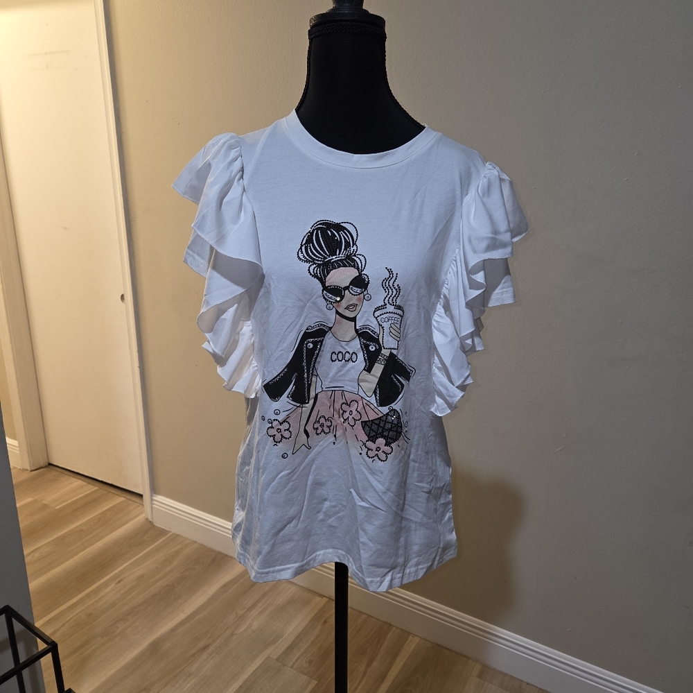 White Graphic Ruffle Sleeve Top